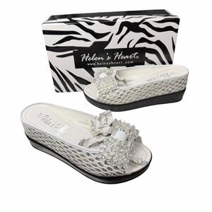 Helens Heart Wedge Sandal Womens 8 White Open Toe Sparkle Bling Crystal Bow Glam